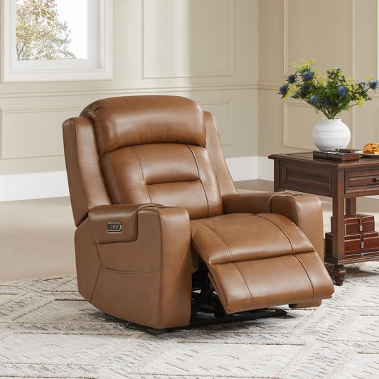 Garrison Genuine Leather Power Lay Flat Recliner with Power Headrest - A tan leather recliner with a power headrest, next to a wooden side table in a cozy living room.