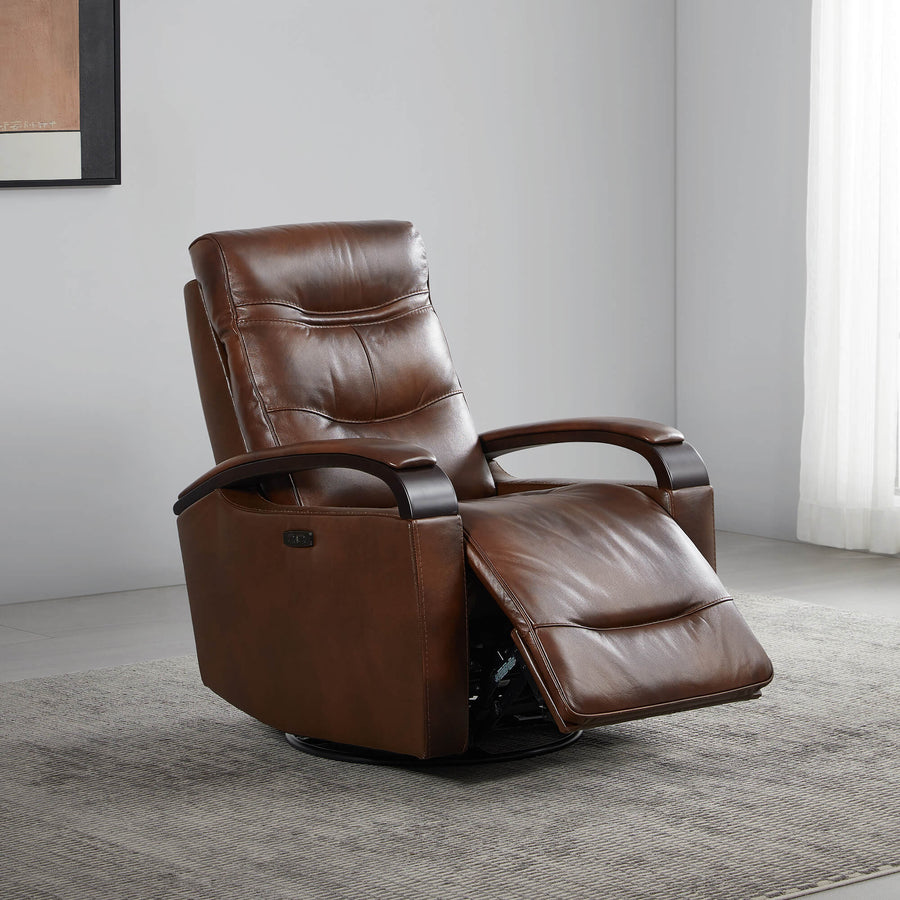 Gentry Leather Power Swivel Glider Recliner with Charging Port - Gentry Leather Power Swivel Glider Recliner in brown leather - CHITA Living