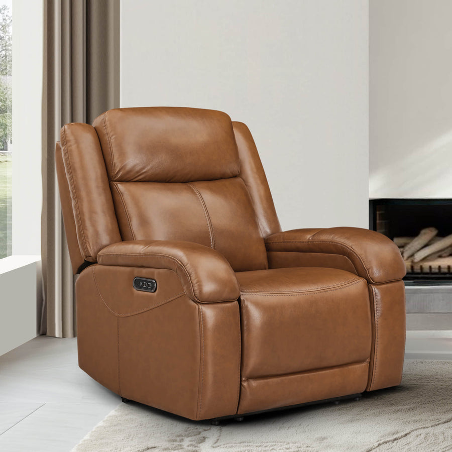 Isaac Genuine Leather Wall Hugger Power Recliner with Power Headrest - Isaac Wall Hugger Power Recliner in brown leather with power headrest - CHITA Living