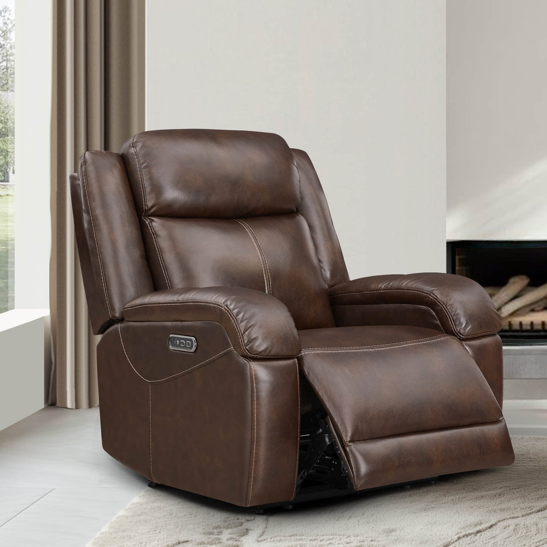 Isaac Genuine Leather Wall Hugger Power Recliner with Power Headrest - Stylish Isaac Wall Hugger recliner in rich brown leather with adjustable headrest - CHITA Living