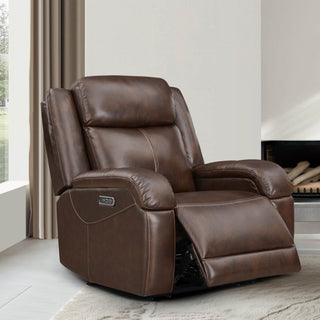 Isaac Genuine Leather Wall Hugger Power Recliner with Power Headrest - Stylish Isaac Wall Hugger recliner in rich brown leather with adjustable headrest - CHITA Living