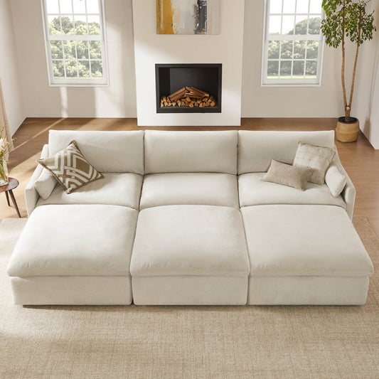 Kenna 6 Seat Modular Sofa Pit Sectional - Kenna Modular 6 Seat Sofa Pit Sectional in Cream. Sectional Sofa with Pillows in Living Room