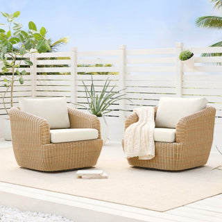 An outdoor conversation set sits on a patio near a roof edge during light rain, illustrating how direct rain, splashback, and shelter affect furniture placement.