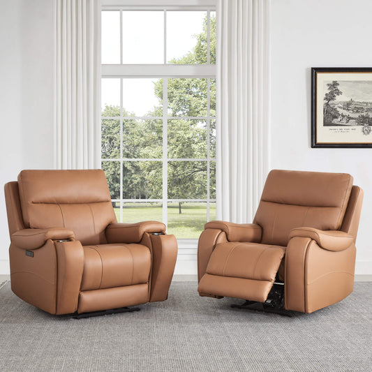 Noah Zero-Gravity Genuine Leather Recliner with Power Headrest - Two Noah zero-gravity top grain leather recliners in a bright room with large windows - CHITA Living