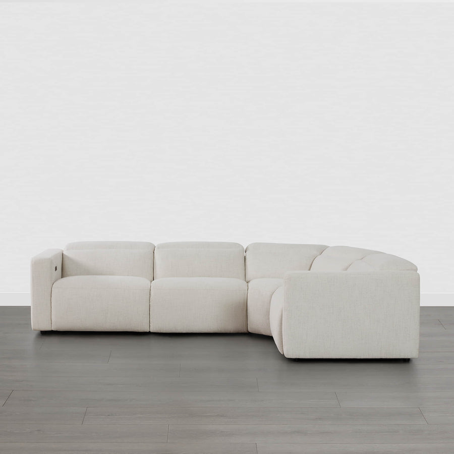 Oliver 4-Seat Wall-hugger Reclining Sectional Sofa with Power Headrest - Curved Oliver 4-Seat Motion Reclining Sectional in light fabric showcasing modern design - CHITA Living