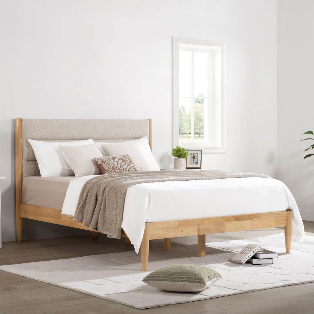 Solace Full Solid Wood Boucle Upholstered Bed - Modern Solace Full Wood Bed with boucle headboard and cozy bedding in bright room - CHITA Living