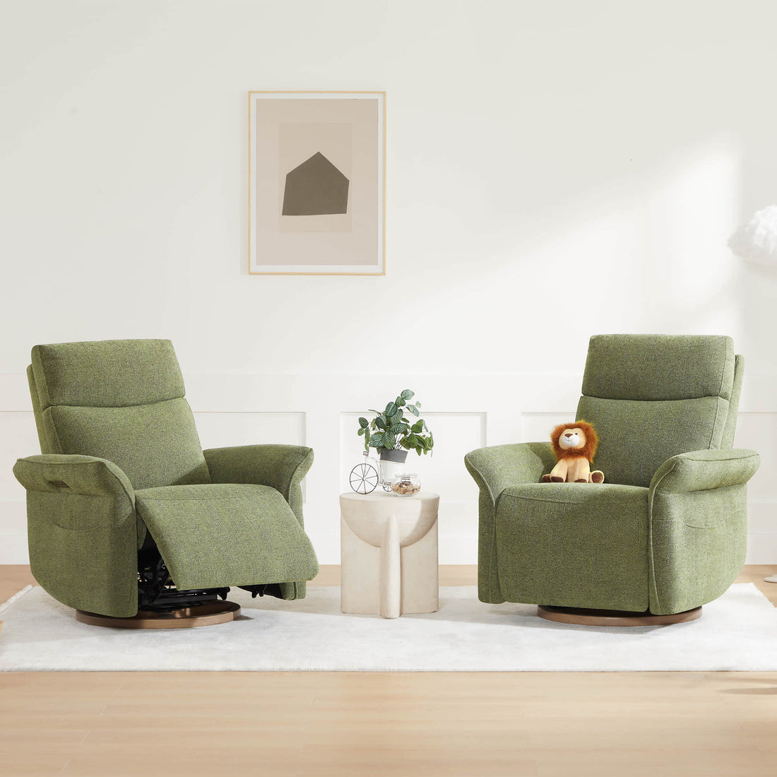 Vinca Power Swivel Nursery Glider Recliner with Power Lumbar & Headrest - Modern living room with green accent chairs and cream swivel recliner.