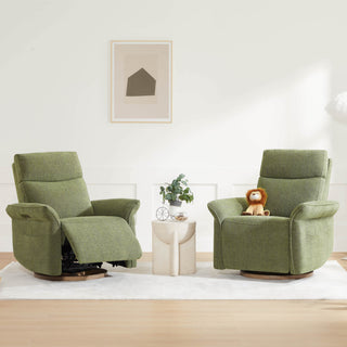 Vinca Power Swivel Nursery Glider Recliner with Power Lumbar & Headrest - Modern living room with green accent chairs and cream swivel recliner.