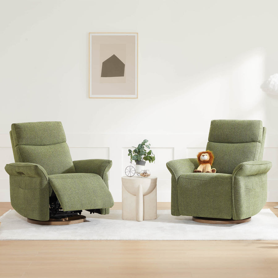 Vinca Power Swivel Nursery Glider Recliner with Power Lumbar & Headrest - Modern living room with green accent chairs and cream swivel recliner.