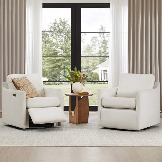 Henry Swivel Accent Chair with Electric Footrests & Charging Ports - Two Henry Power Swivel Recliner chairs in a bright room with a large window.