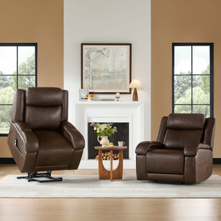 Isaac Genuine Leather Lift Assist Recliner With Power Headrest - CHITA Isaac brown leather power lift recliner with dual motor, massage, heat, and adjustable headrest for elderly.