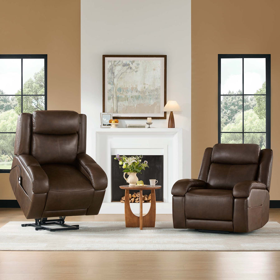 Isaac Genuine Leather Lift Assist Recliner With Power Headrest - CHITA Isaac brown leather power lift recliner with dual motor, massage, heat, and adjustable headrest for elderly.