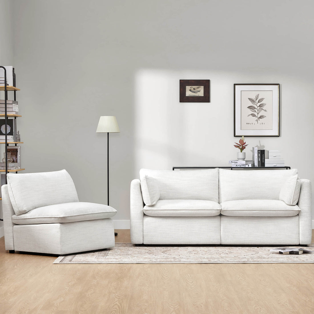 Sophia 3-Piece Feather Modular Sofa - Sophia 3-piece modular sofa in light fabric with an accent chair in a modern living room - CHITA Living