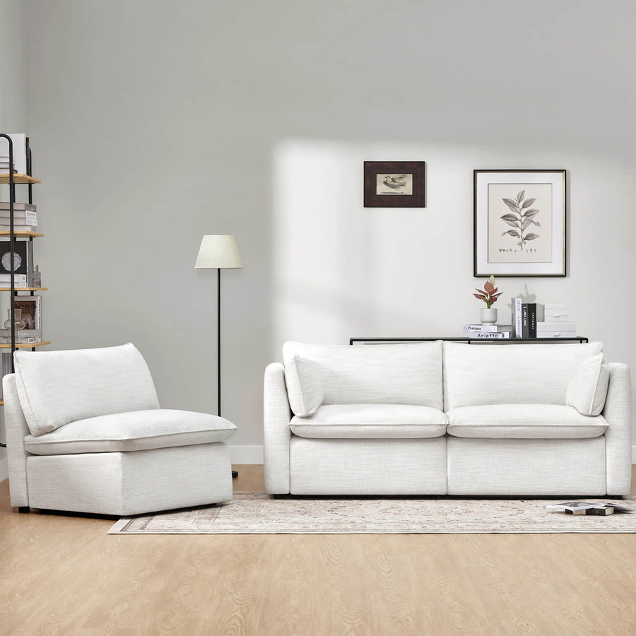 Sophia 3-Piece Feather Modular Sofa - Sophia 3-piece modular sofa in light fabric with an accent chair in a modern living room - CHITA Living
