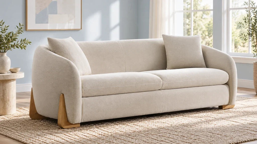 Cream Teleri chenille sofa with curved arms and exposed wood legs in an airy living room