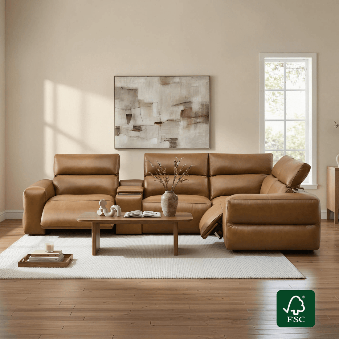 Brown leather reclining sectional sofa with chaise and matching wood coffee table in a bright living room.