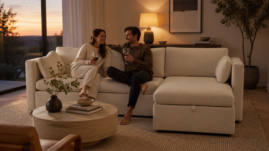 Couple relaxing on a pet-friendly sectional sofa