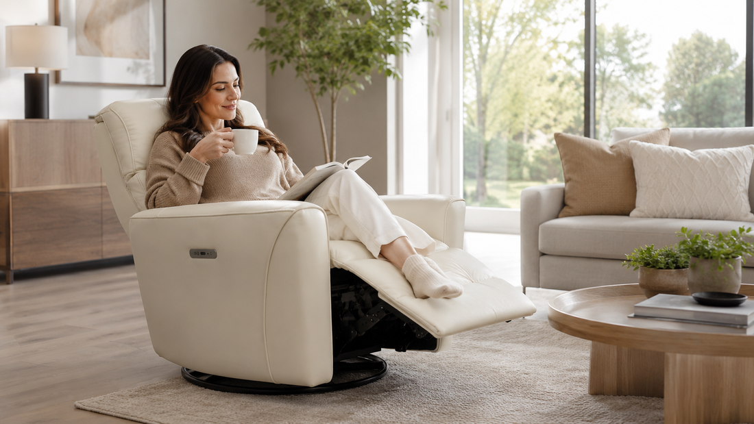 Cream power recliner in a clean living room