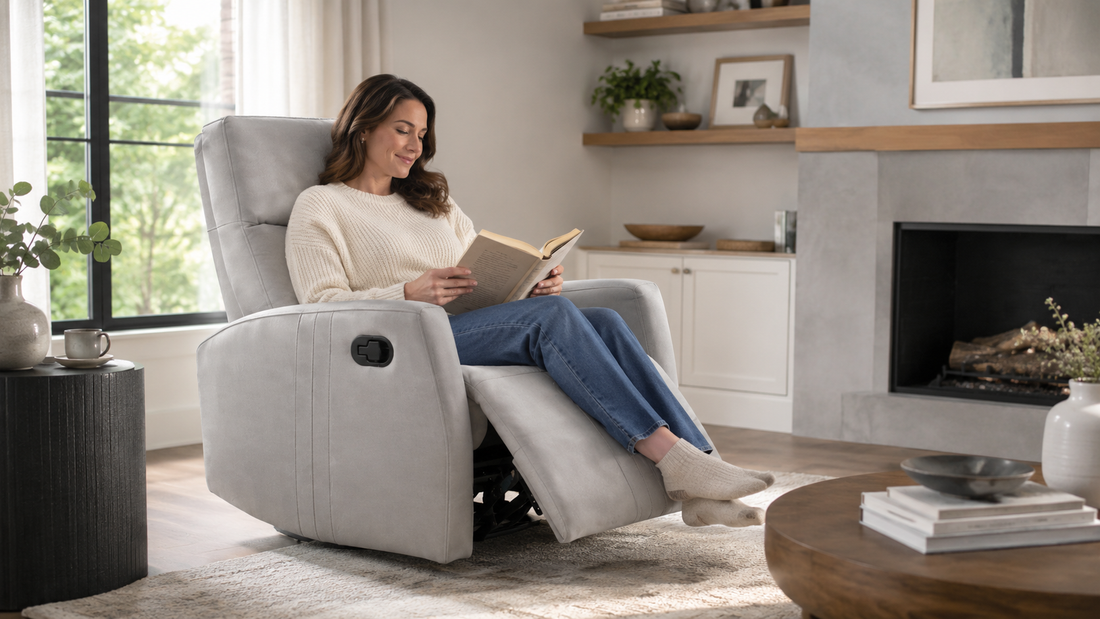 Power recliner styled near a fireplace