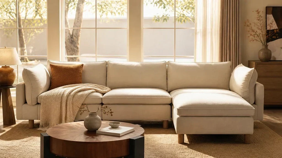 Brendon cream modular sectional in a warm early-fall living room