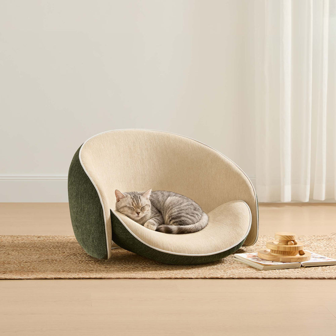 Sharely Transformable Pet-Friendly Floor Chair - Sharely transformable pet-friendly floor chair in green and beige, with a sleeping cat curled in the seat.