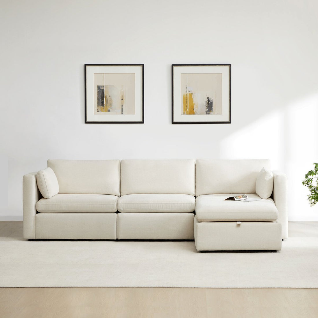 Delaney 4-Seat Modular Sofa Chaise with Storage Ottoman - CHITA LIVING-Delaney 4-Piece Modular Sofa Chaise (112'')-Sofas-Fabric-Linen-