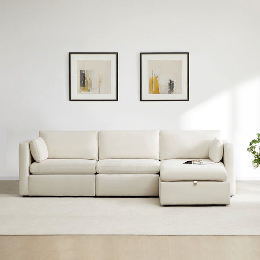 Delaney 4-Seat Modular Sofa Chaise with Storage Ottoman - CHITA LIVING-Delaney 4-Piece Modular Sofa Chaise (112'')-Sofas-Fabric-Linen-