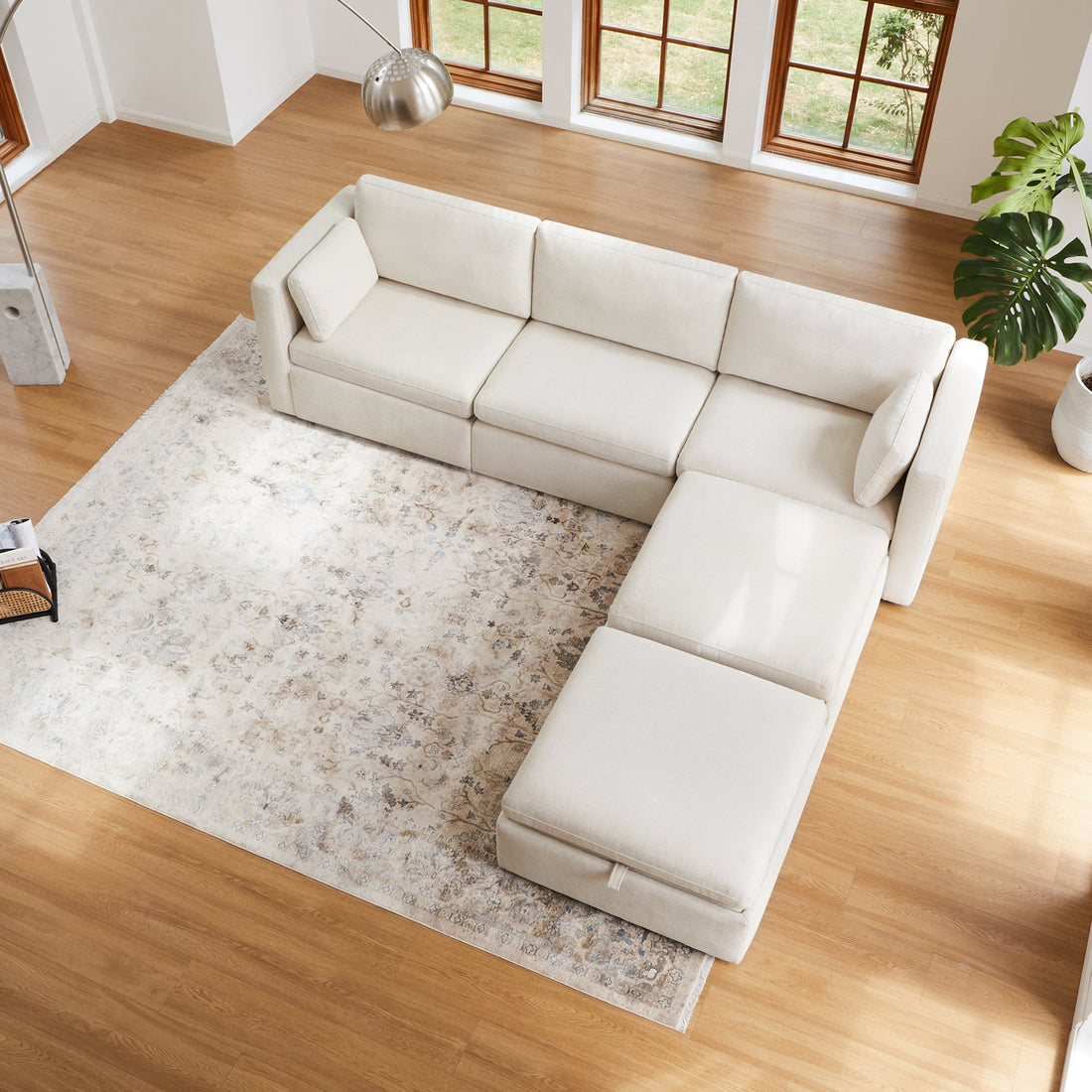 Delaney 5-Seat Modular Sofa Chaise with Storage Ottomans - CHITA LIVING-Delaney 5-Piece Modular Sofa Chaise (112'')-Sofas-Fabric-Linen-