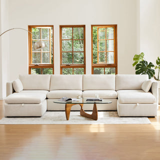 Delaney 6-Seat Modular Sofa Chaise with Storage Ottomans - CHITA LIVING-Delaney 6-Piece Modular Sectional (146'')-Sofas-Fabric-Linen-