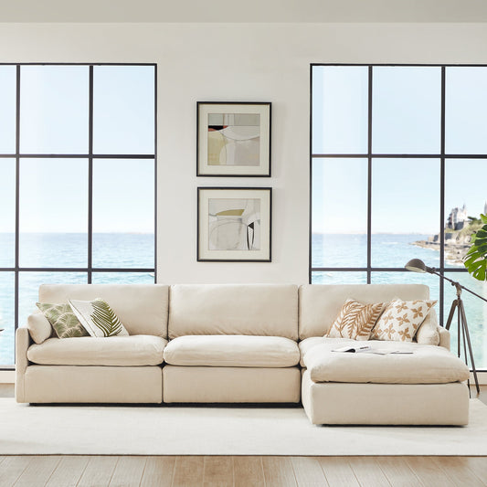 Kenna Modular 4 Seat Sofa-Chaise Sectional - Kenna Modular Sofa-Chaise sectional in cream color, with soft cushions, sea view