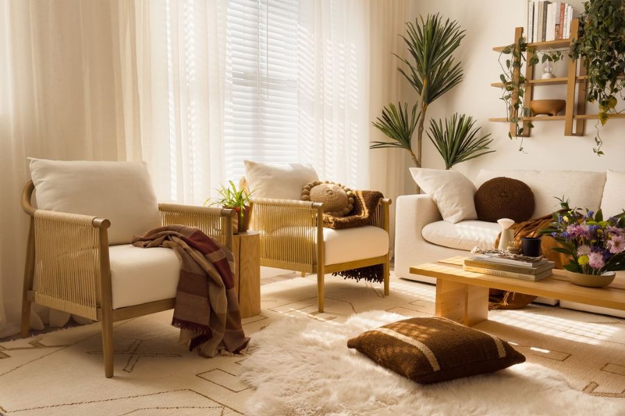 Modern living room with natural light featuring updated furniture and plants perfect for spring cleaning home refresh.