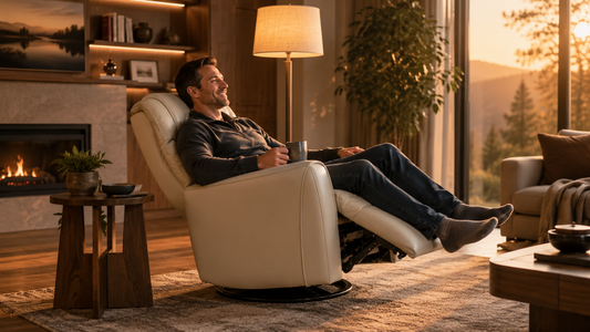 Zero gravity recliner in a warm fireplace lounge