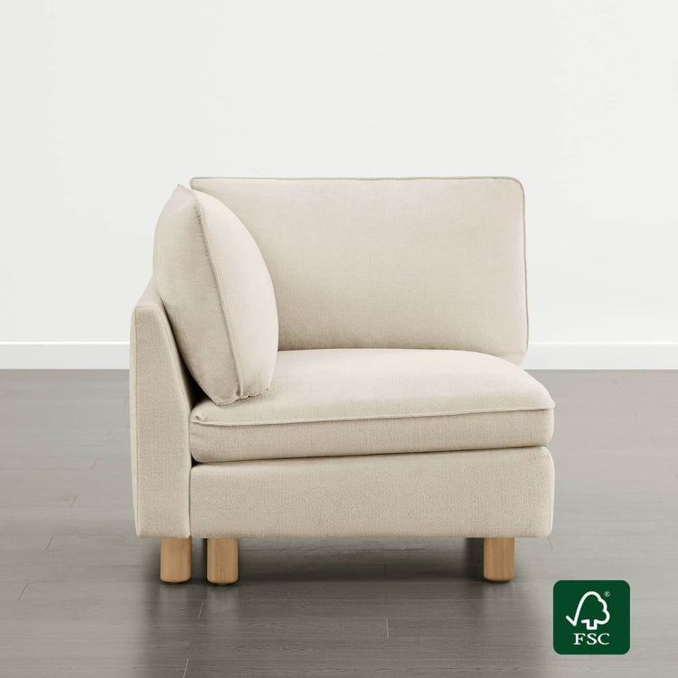 Brendon Modular Corner Seat in beige fabric with solid wood legs and FSC certified logo.