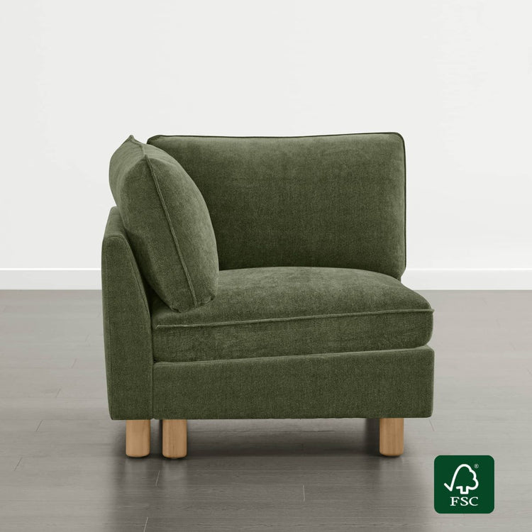 Brendon Modular Corner Seat in green with solid wood legs and FSC logo