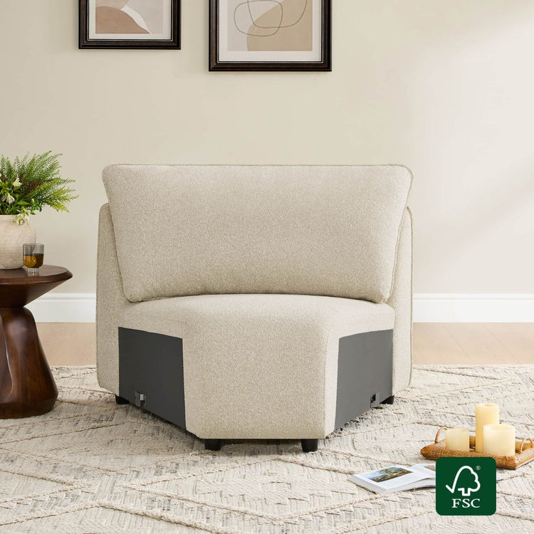Teleri modular corner seat in sand textured fabric with dark grey sides and birch legs. Fits any living room.