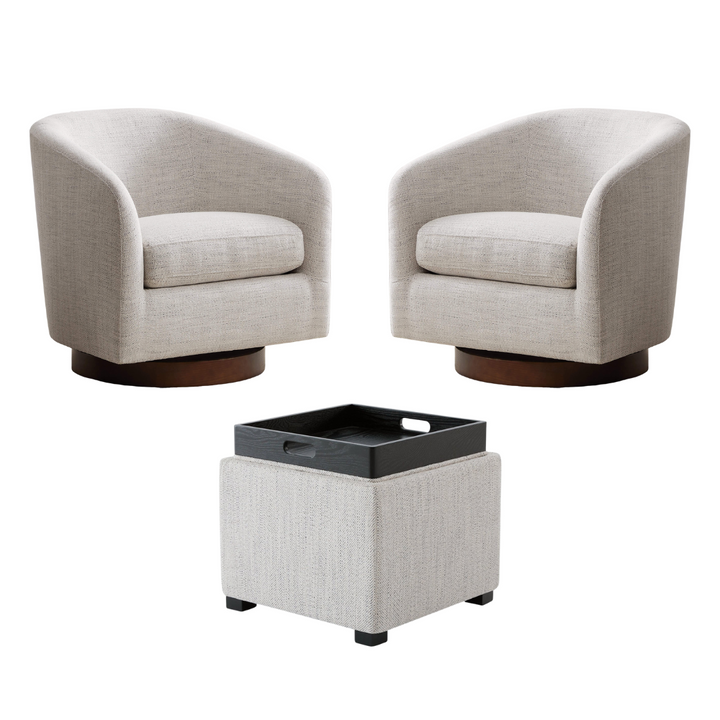 Set of two beige swivel accent chairs with a cube ottoman, showcasing modern design - CHITA Living