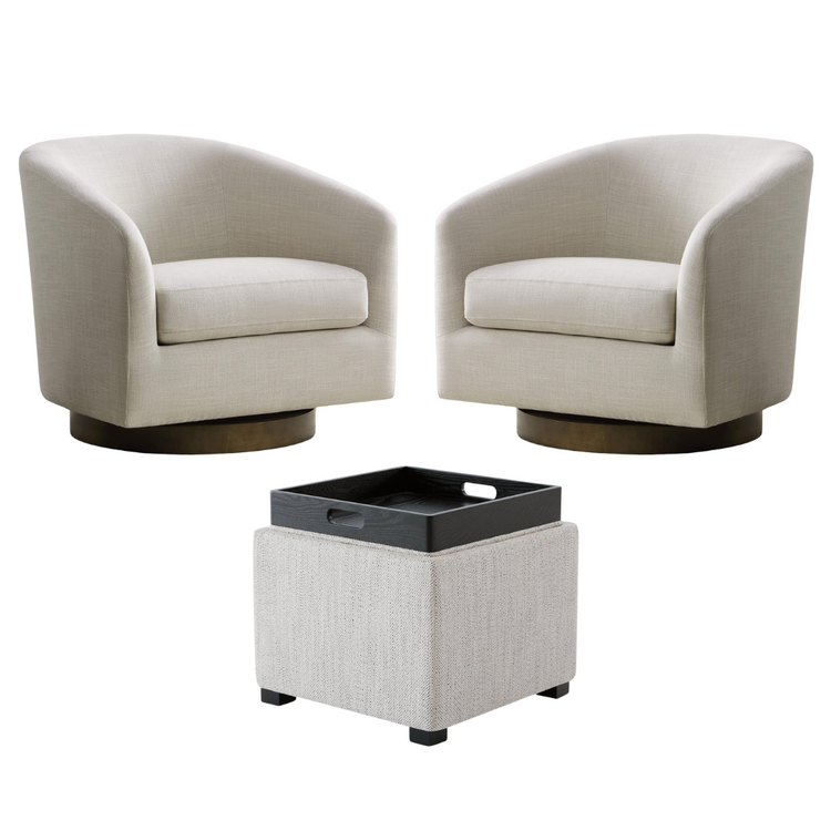 Set of 2 beige swivel accent chairs and a cube ottoman in a cozy living room setting - CHITA Living