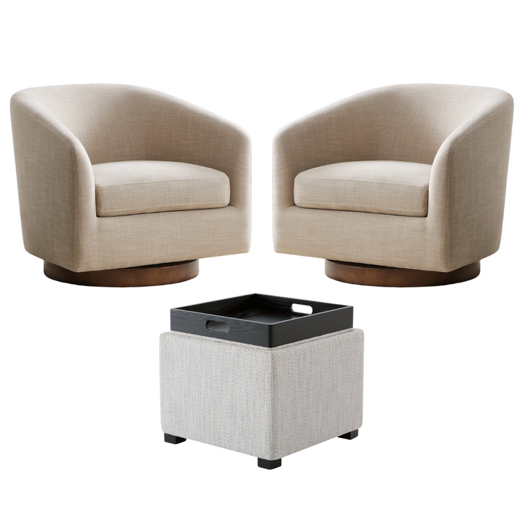 Set of 2 beige swivel chairs and black cube ottoman for stylish living room design - CHITA Living