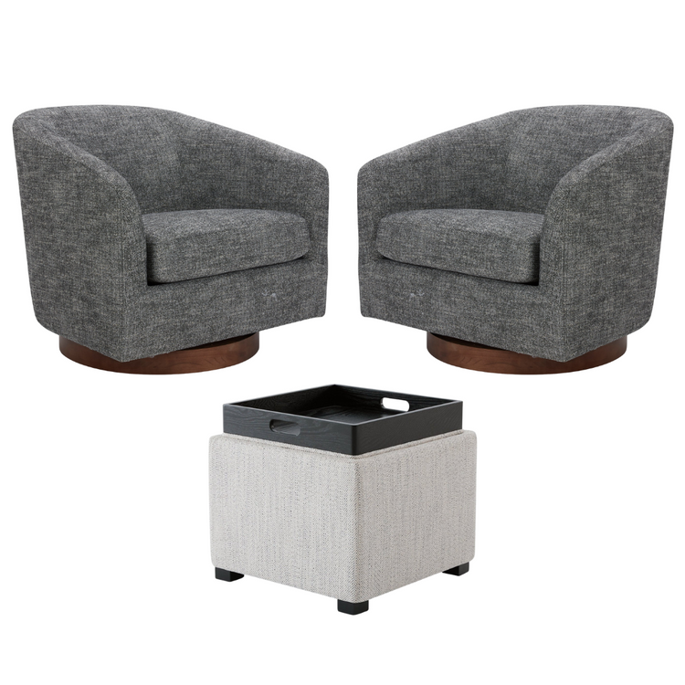 Set of 2 gray swivel accent chairs and white cube ottoman in modern living space - CHITA Living