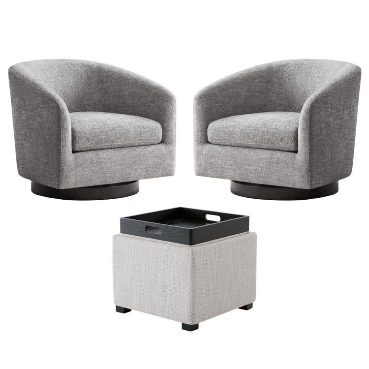 Set of 2 gray swivel accent chairs with black cube ottoman for modern living room - CHITA Living