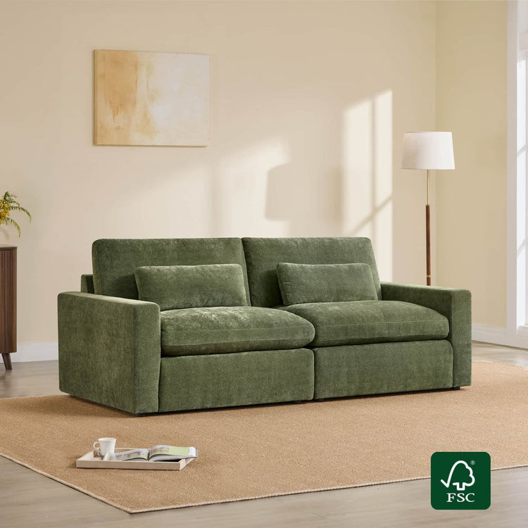 Ivy 2-Seat modular sofa in green performance fabric with plush cushions and lumbar pillows.