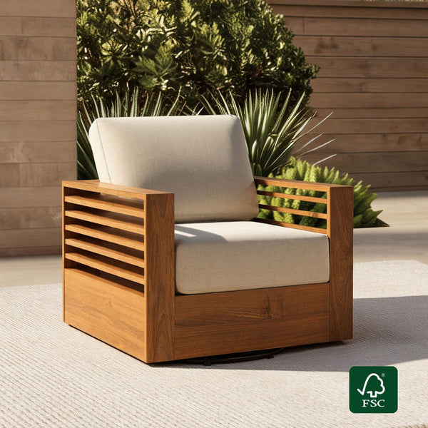 Beatriz Modern Outdoor Acacia Wood Slatted Swivel Chair
