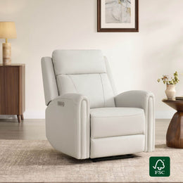 Hadley Modern Zero Wall-hugger Power Recliner in cream faux leather, with 'CC11' logo and FSC certification.