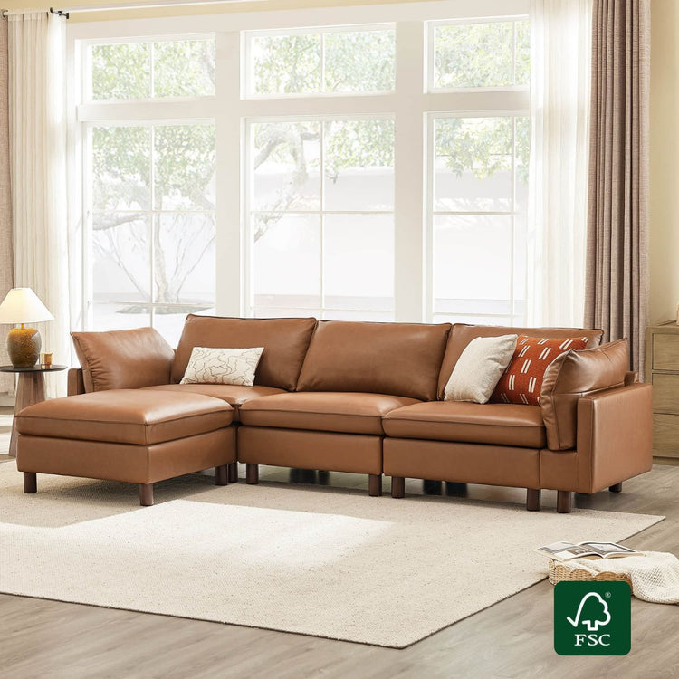 Brendon modular 4-seat sectional sofa in saddle top-grain leather with wood legs.