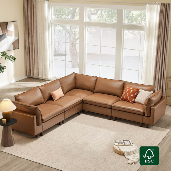 Brendon modular corner sectional sofa in brown top-grain leather with wood legs, featuring deep seating and plush cushions.