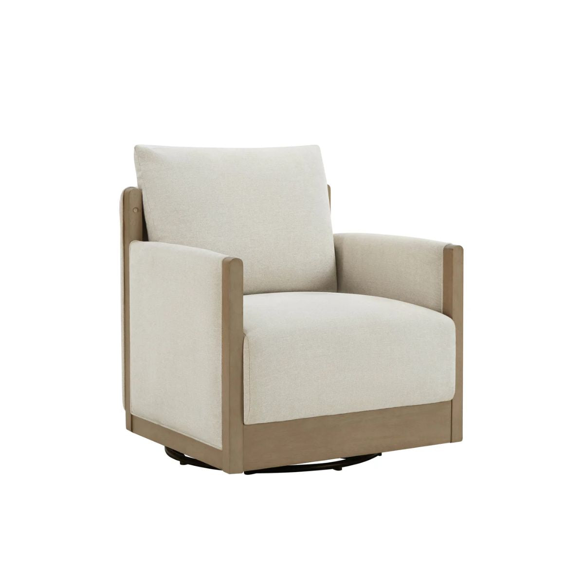 A beige upholstered swivel chair with a light wooden frame and a cushioned backrest