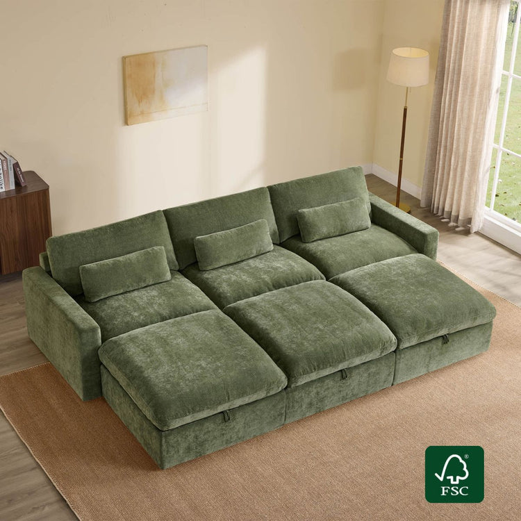 Ivy 6-seat modular performance fabric sectional sofa in green with storage ottomans. FSC certified.