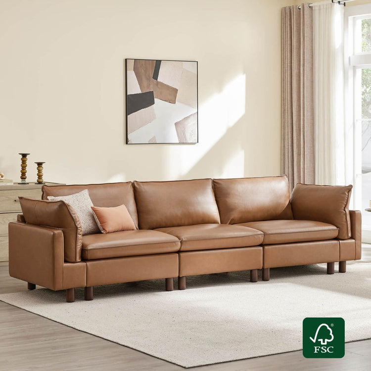 Brendon modular 3-seat sofa in top-grain leather with wooden legs. Features plush cushions and is FSC certified.