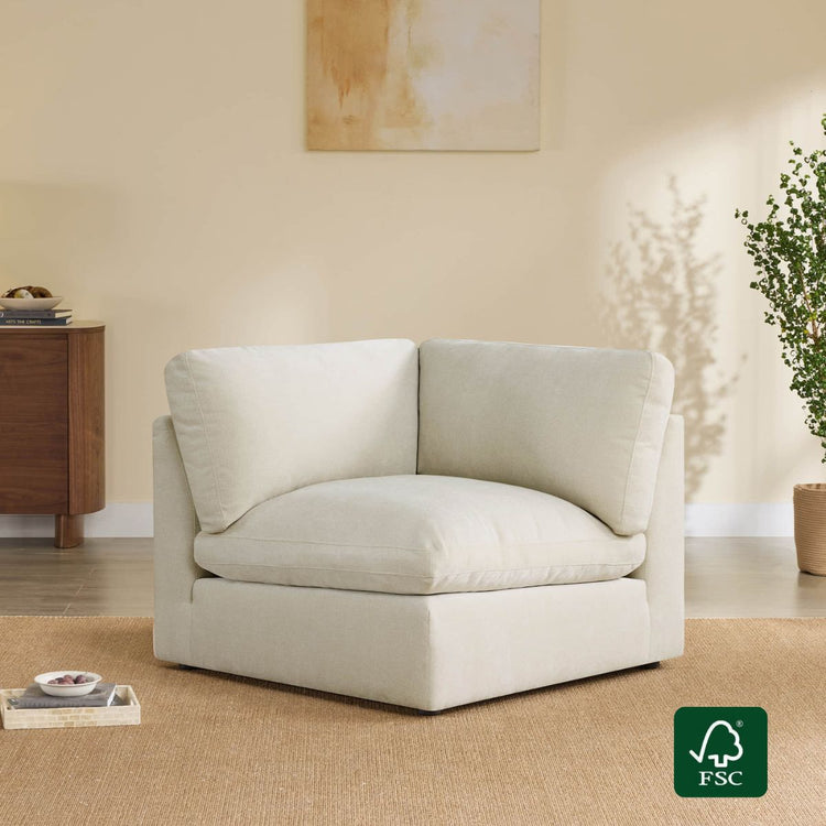 Ivy Modular Performance Fabric Corner Module in beige, featuring plush cushions and a modern design. FSC certified materials.