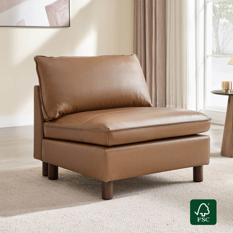 Brendon Armless Chair in brown leather with solid wood legs. FSC certified furniture.